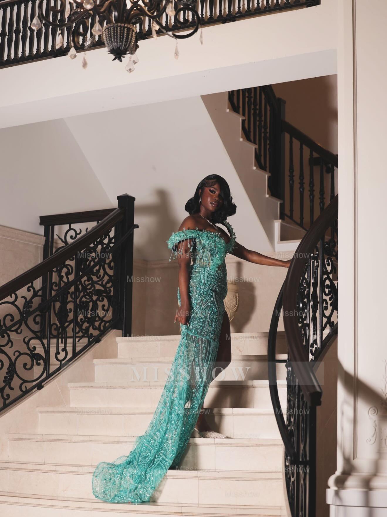Mint green off-the-shoulder split-front mermaid prom dress