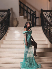 Turquoise off-the-shoulder split-front mermaid prom dress