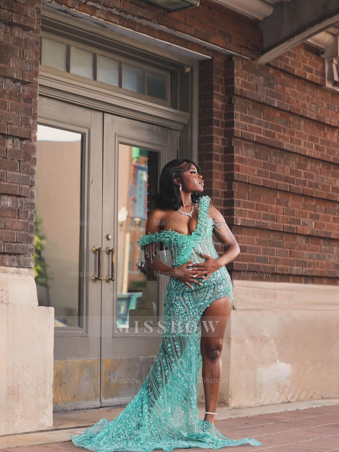 Turquoise off-the-shoulder split-front mermaid prom dress