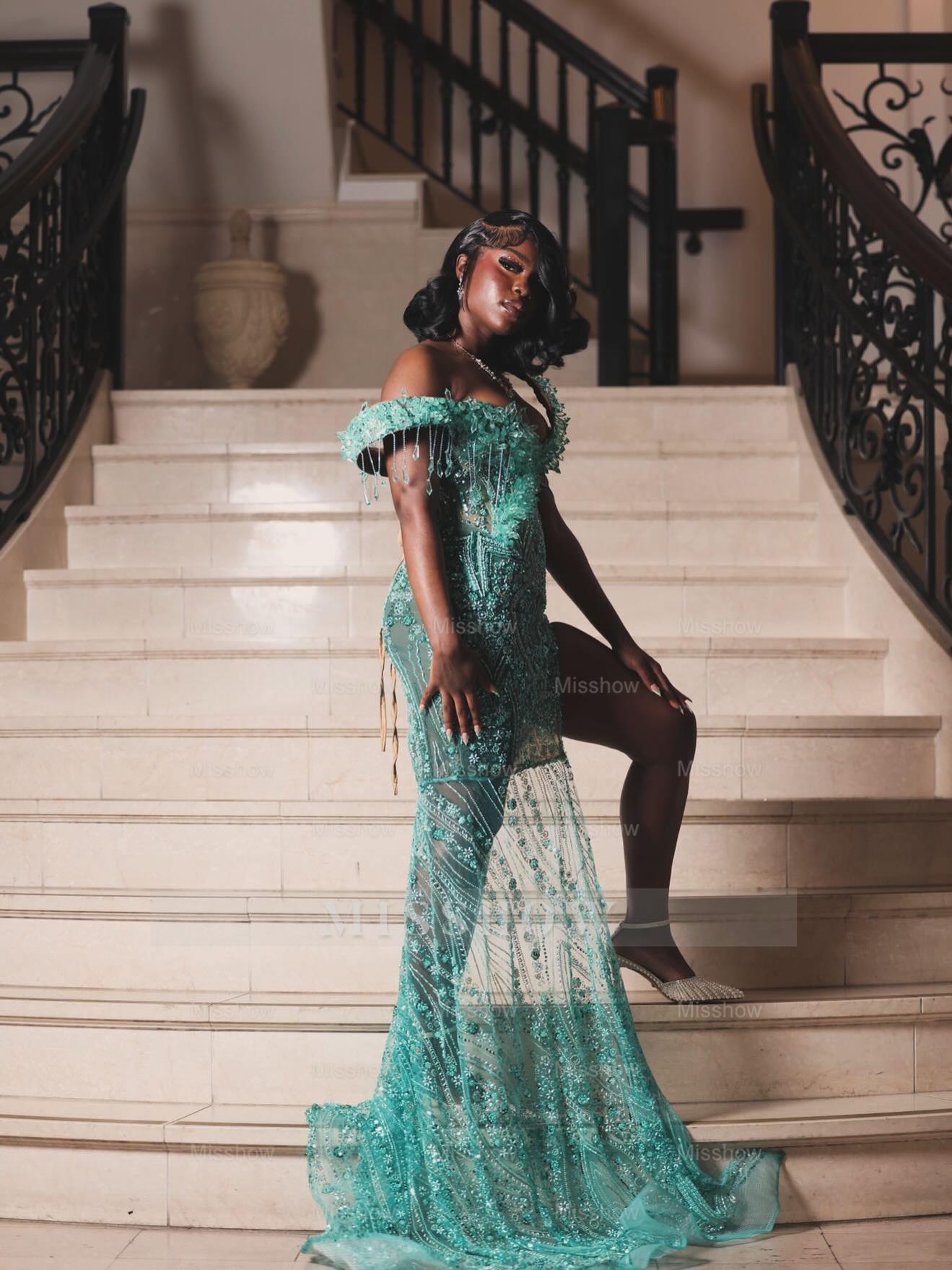 Turquoise off-the-shoulder split-front mermaid prom dress