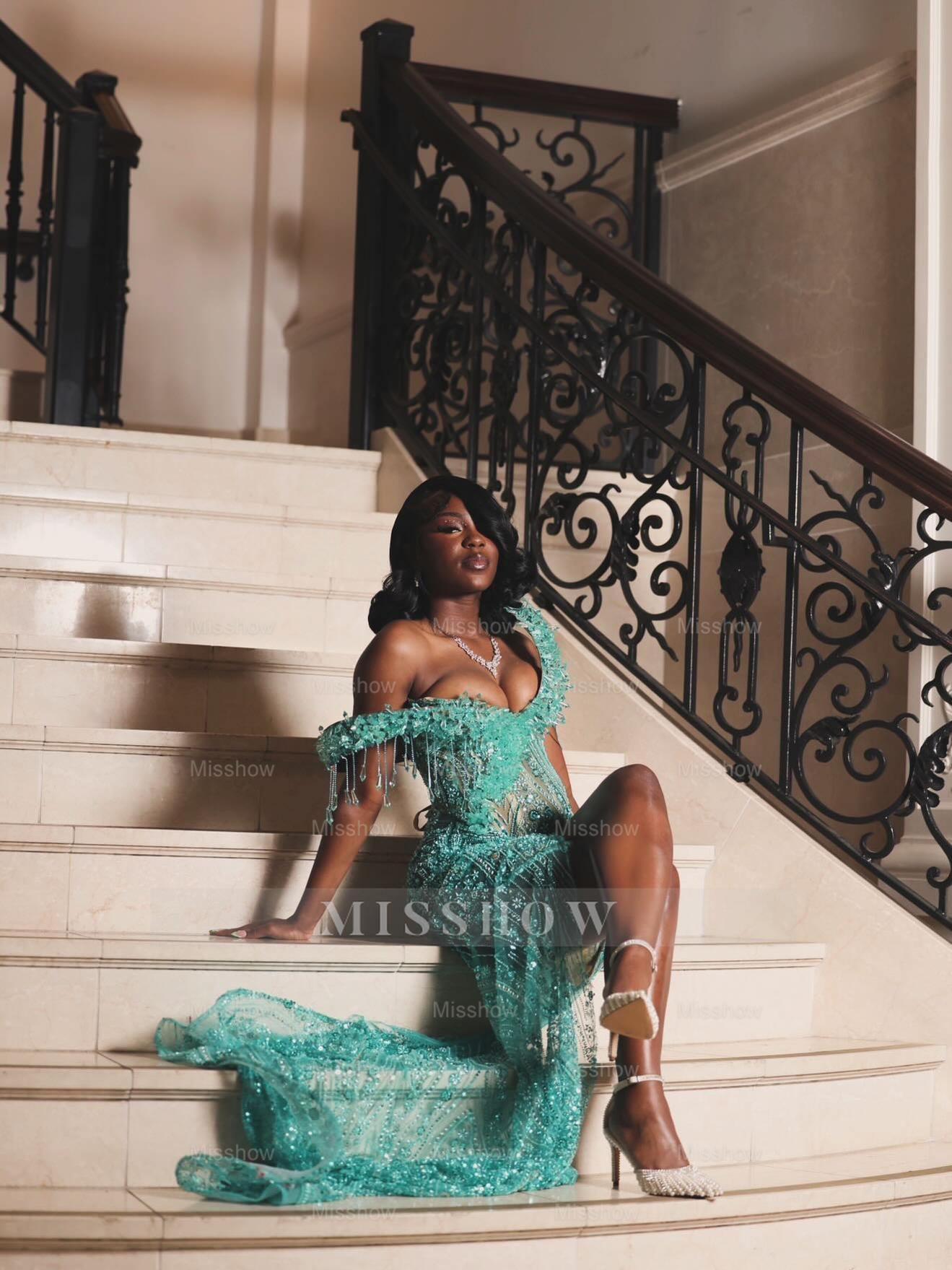 Turquoise off-the-shoulder split-front mermaid prom dress