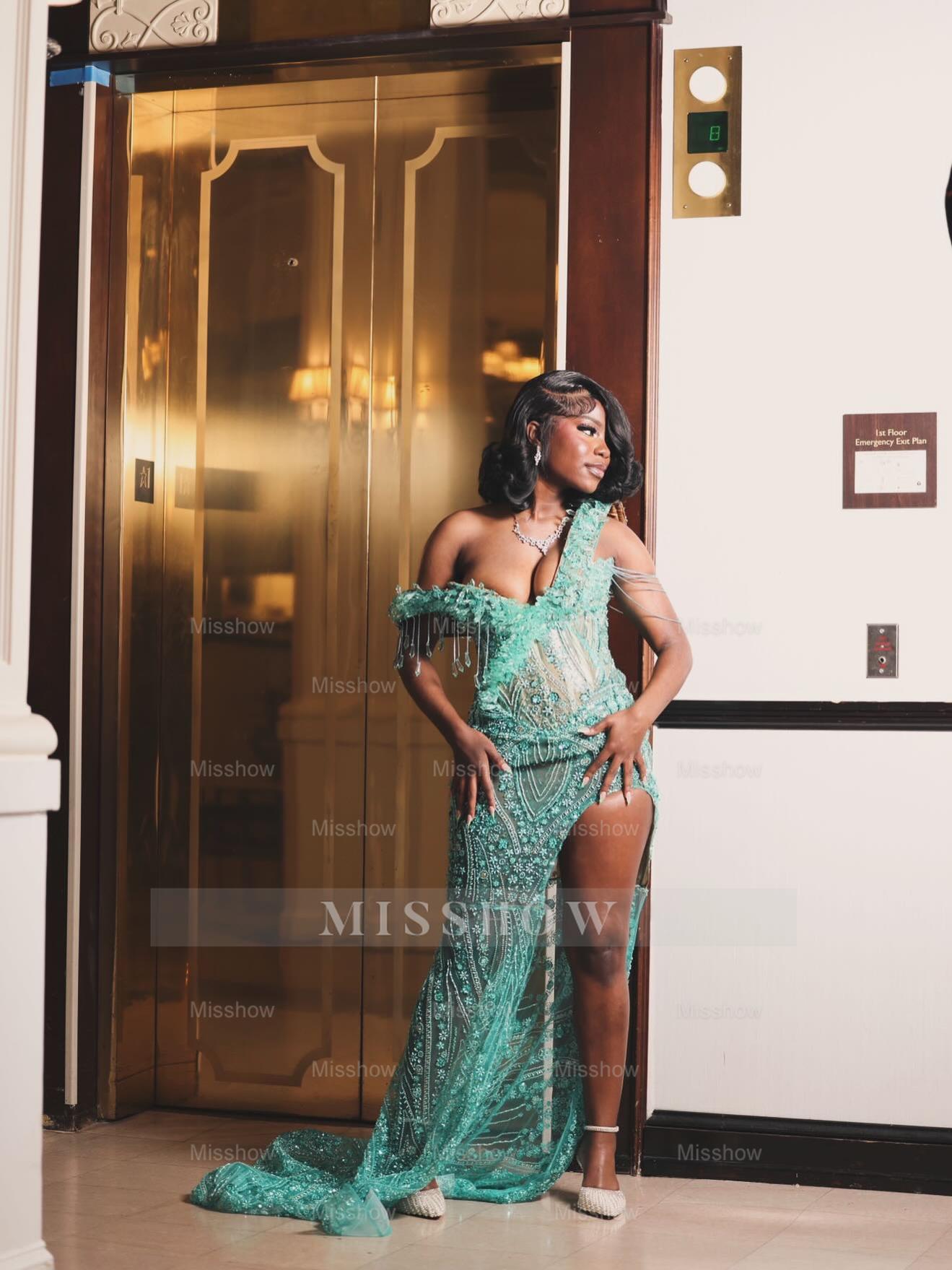 Turquoise off-the-shoulder split-front mermaid prom dress