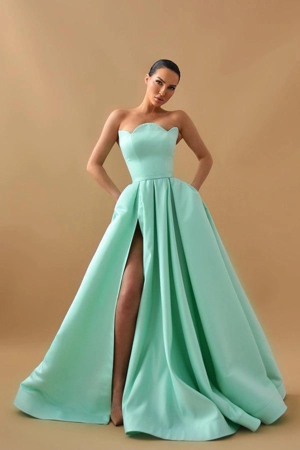 Mint Green Strapless Sweetheart Sleeveless Pleated A-Line Evening Dress with Formal Gown