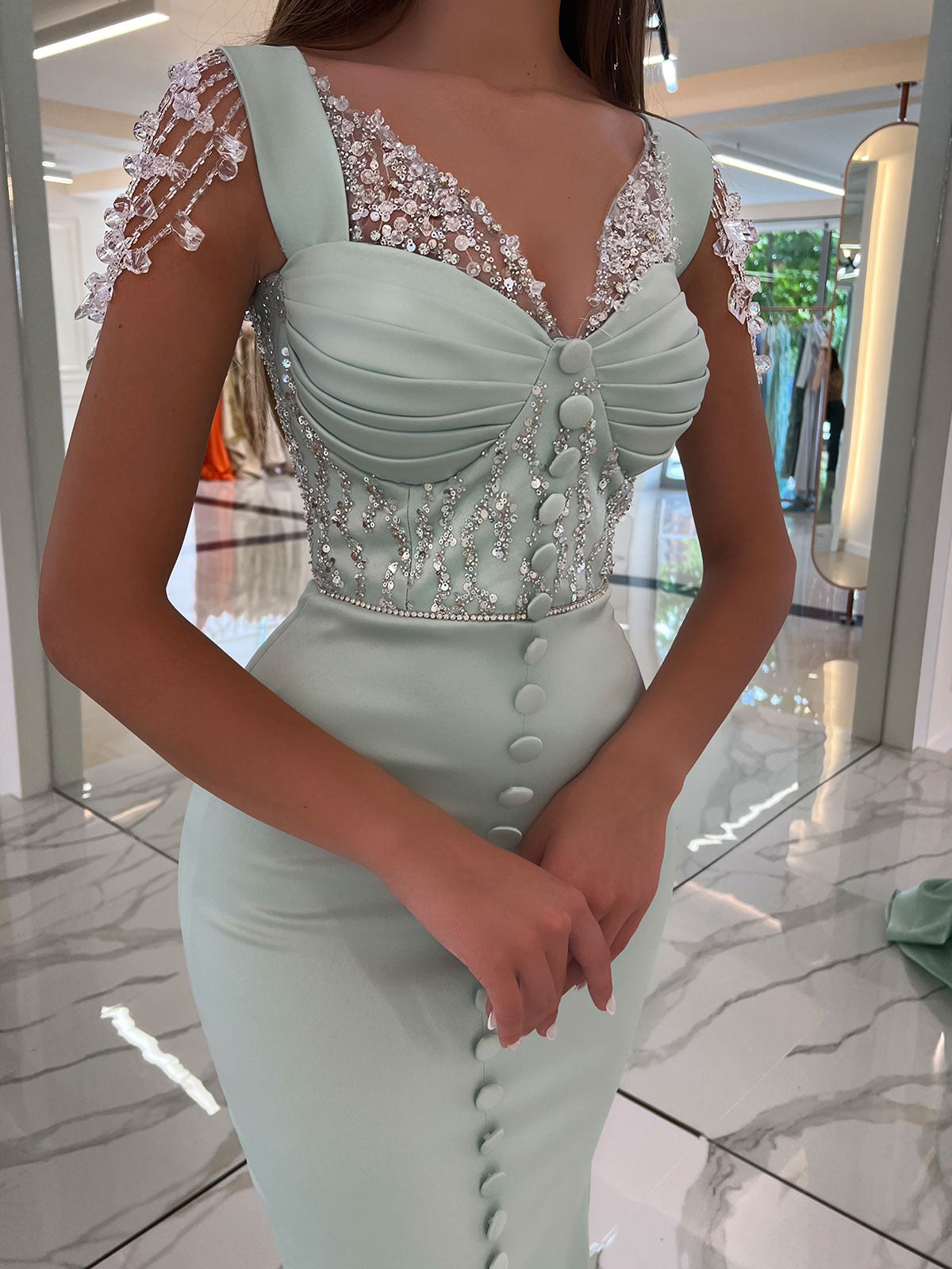Mint sweetheart beaded mermaid evening dress