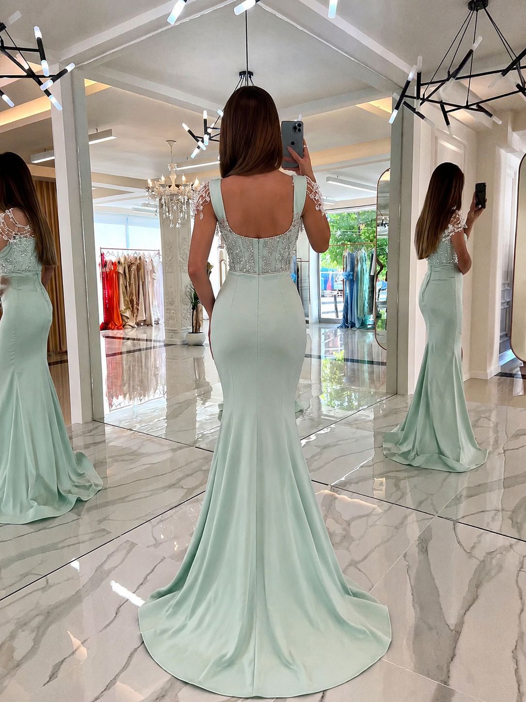Mint sweetheart beaded mermaid evening dress