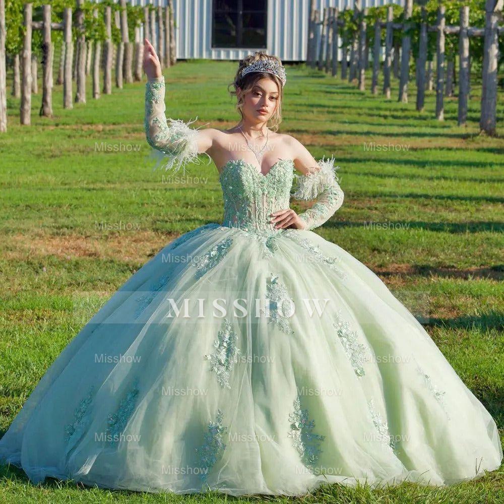 Mint Green Sweetheart Detachable Long Sleeve Feather Applique Ball Gown Quinceanera Dress