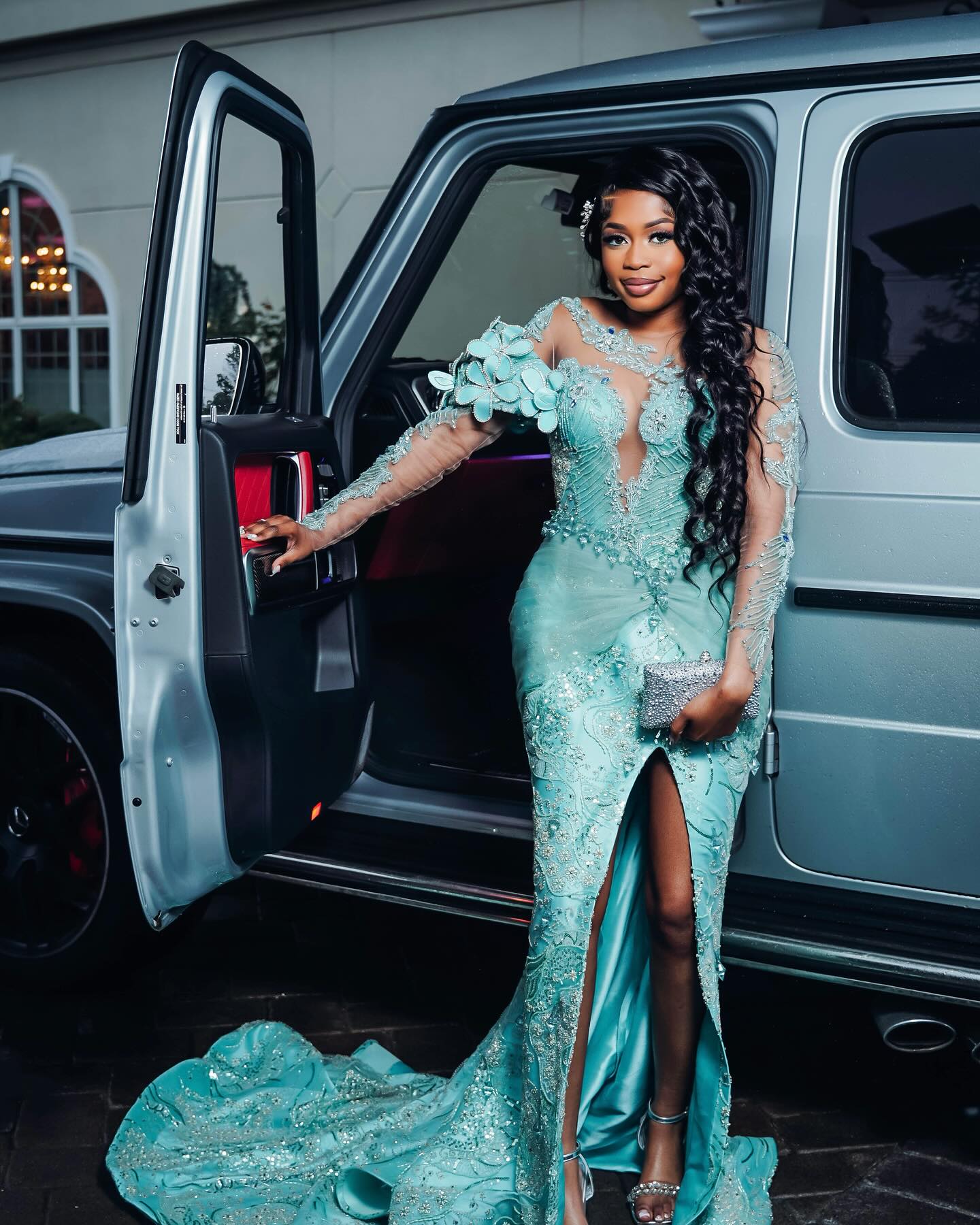 Mint Mermaid Prom Dress Deep V Illusion Boned Corset Silver Radial Stripe Beading One Shoulder 3D Mint Satin Floral Bloom One Long Sheer Illusion Sleeve Silver Scroll Vine Lace Embroidery Sapphire Blue Rhinestone High Split Sweep Train Gown