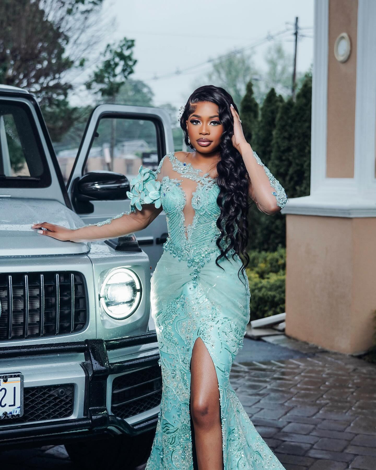 Mint Mermaid Prom Dress Deep V Illusion Boned Corset Silver Radial Stripe Beading One Shoulder 3D Mint Satin Floral Bloom One Long Sheer Illusion Sleeve Silver Scroll Vine Lace Embroidery Sapphire Blue Rhinestone High Split Sweep Train Gown