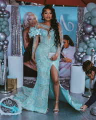 Mint Mermaid Prom Dress Deep V Illusion Boned Corset Silver Radial Stripe Beading One Shoulder 3D Mint Satin Floral Bloom One Long Sheer Illusion Sleeve Silver Scroll Vine Lace Embroidery Sapphire Blue Rhinestone High Split Sweep Train Gown