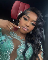 Mint Mermaid Prom Dress Deep V Illusion Boned Corset Silver Radial Stripe Beading One Shoulder 3D Mint Satin Floral Bloom One Long Sheer Illusion Sleeve Silver Scroll Vine Lace Embroidery Sapphire Blue Rhinestone High Split Sweep Train Gown