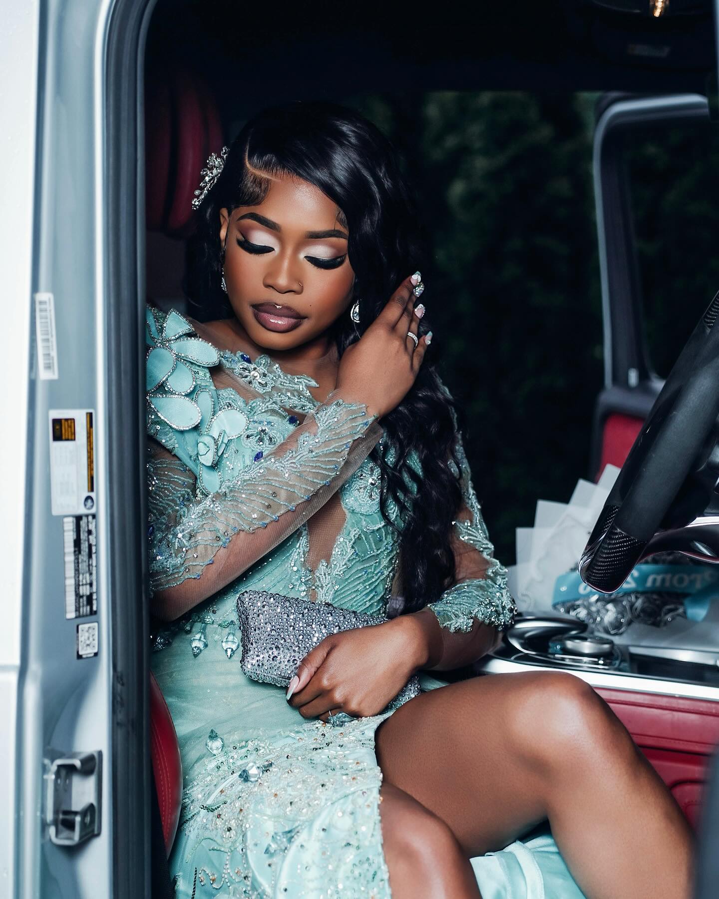 Mint Mermaid Prom Dress Deep V Illusion Boned Corset Silver Radial Stripe Beading One Shoulder 3D Mint Satin Floral Bloom One Long Sheer Illusion Sleeve Silver Scroll Vine Lace Embroidery Sapphire Blue Rhinestone High Split Sweep Train Gown