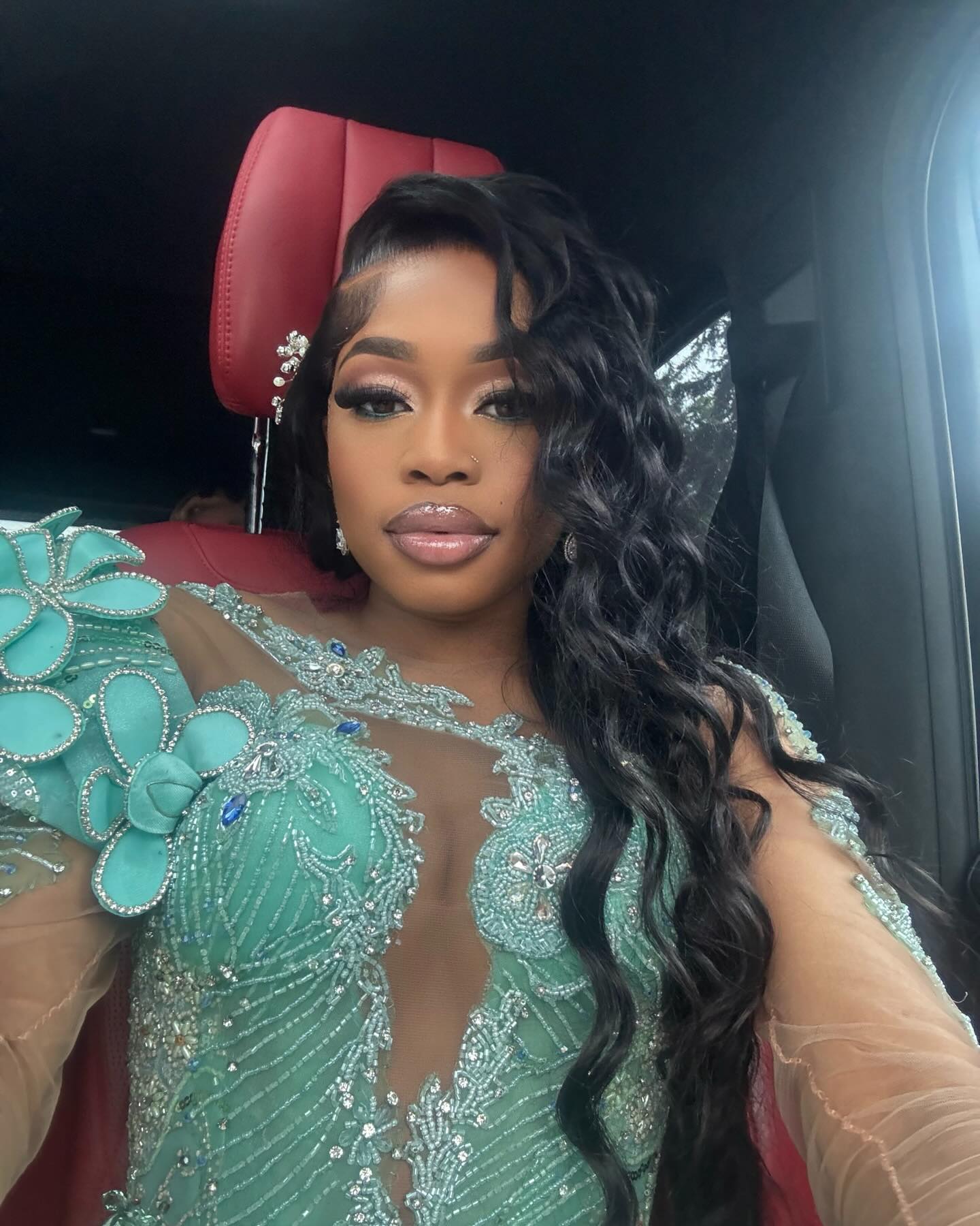 Mint Mermaid Prom Dress Deep V Illusion Boned Corset Silver Radial Stripe Beading One Shoulder 3D Mint Satin Floral Bloom One Long Sheer Illusion Sleeve Silver Scroll Vine Lace Embroidery Sapphire Blue Rhinestone High Split Sweep Train Gown