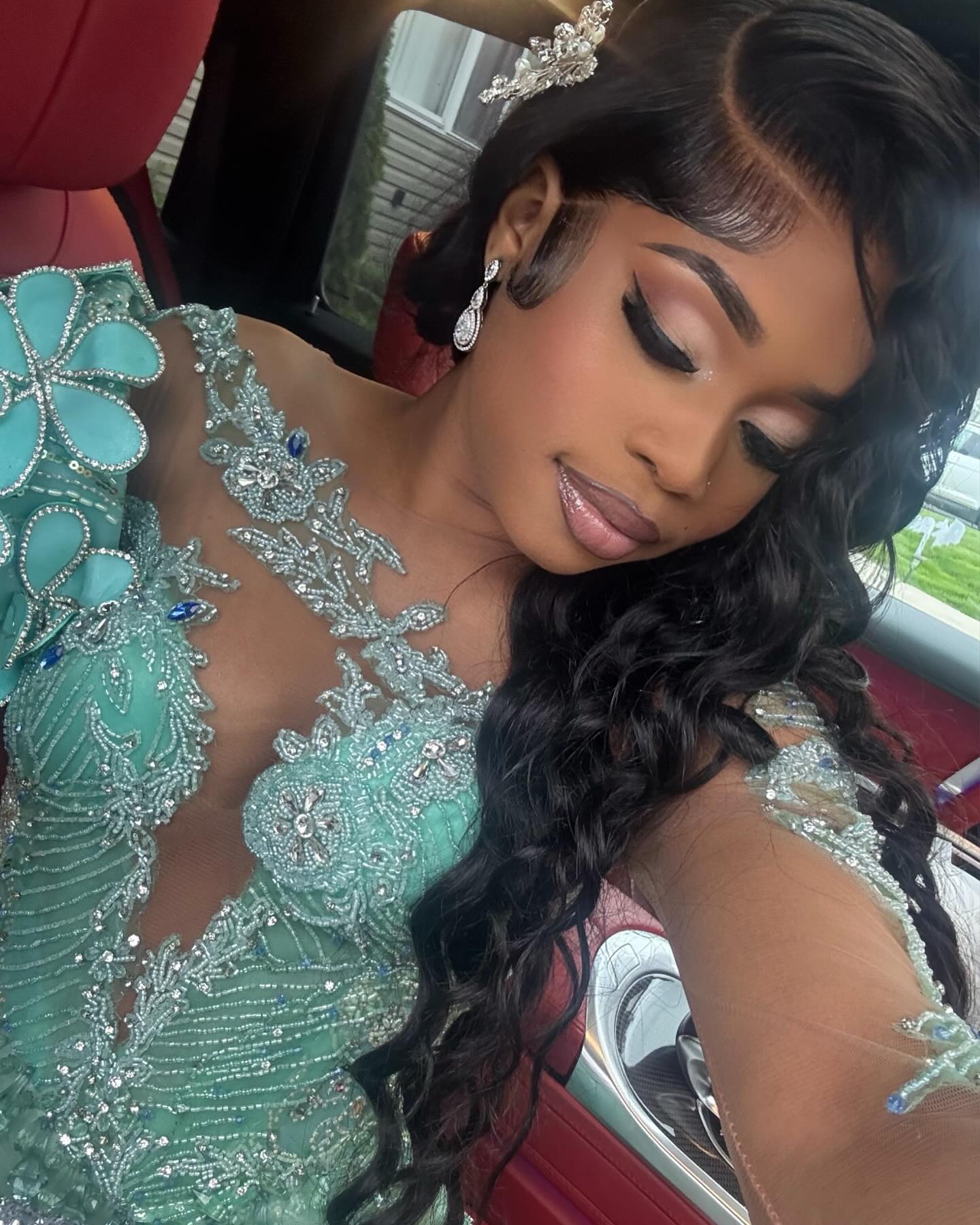 Mint Mermaid Prom Dress Deep V Illusion Boned Corset Silver Radial Stripe Beading One Shoulder 3D Mint Satin Floral Bloom One Long Sheer Illusion Sleeve Silver Scroll Vine Lace Embroidery Sapphire Blue Rhinestone High Split Sweep Train Gown