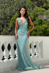 Mint Rhinestone V-Neck Sleeveless Lace Mermaid Appliques Floor Length Formal Evening Gown