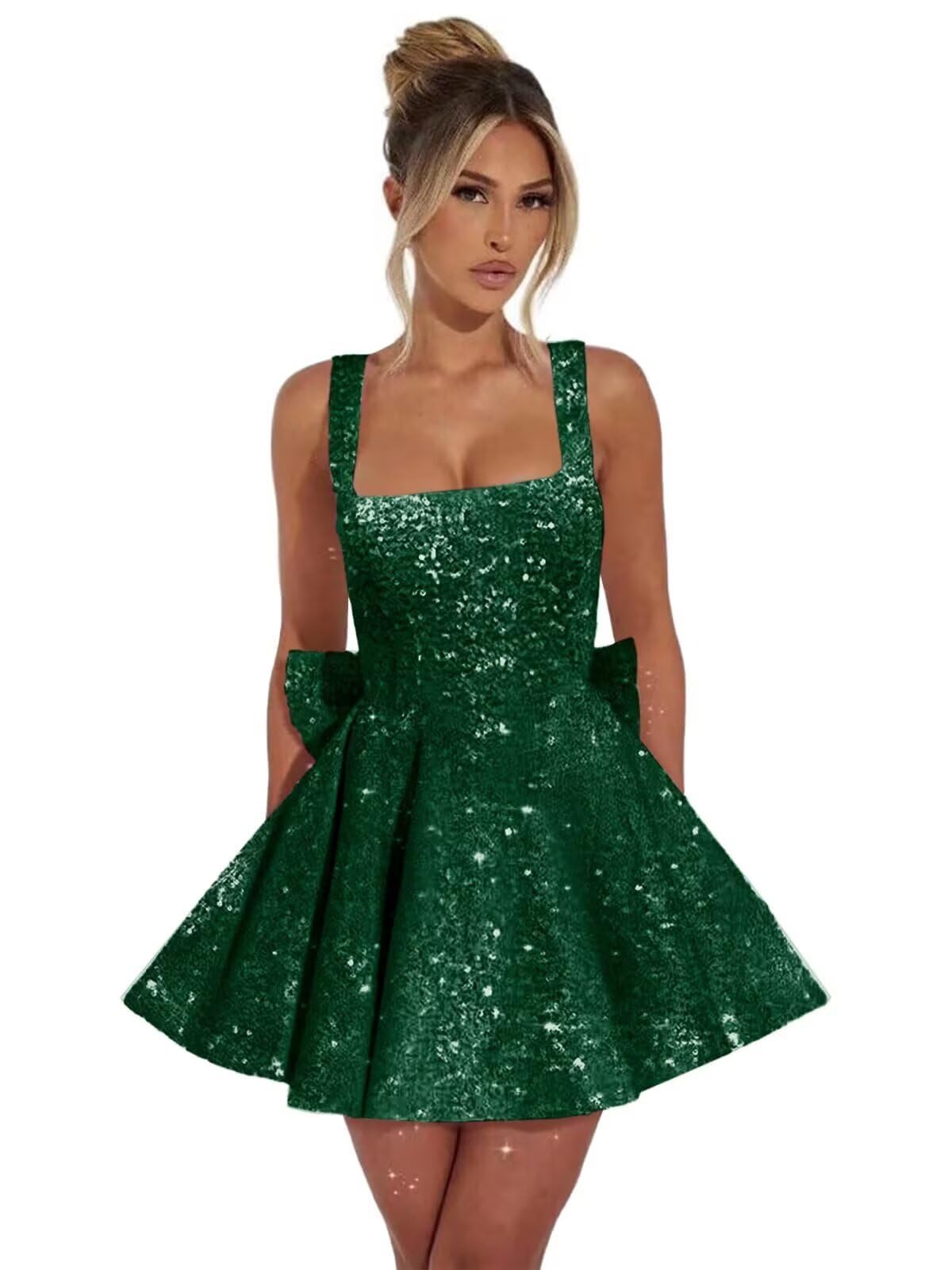 Dark green square sequin A-line homecoming dress