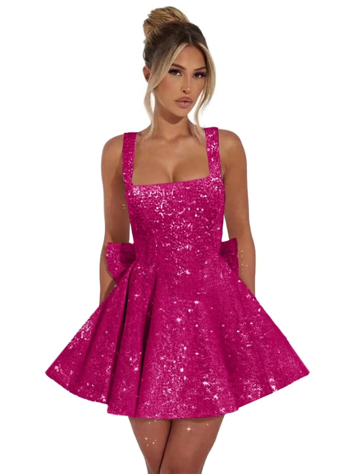 Magenta square sequin A-line homecoming dress