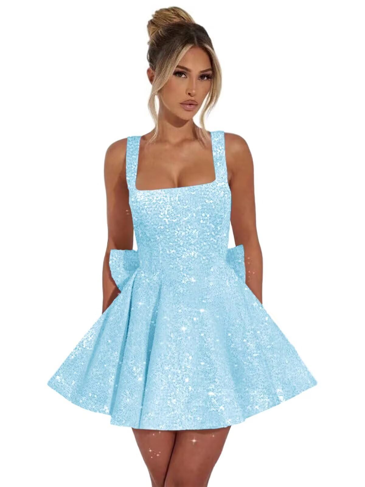 Light blue square sequin A-line homecoming dress