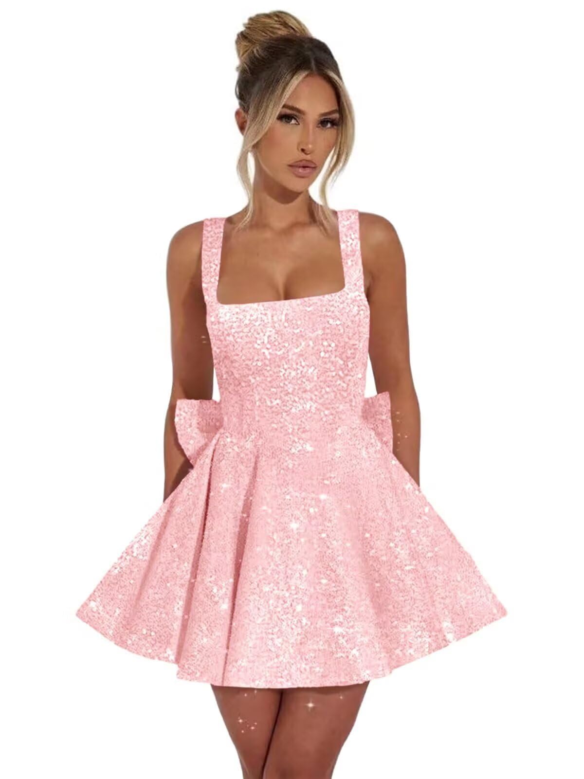 Pink square sequin A-line homecoming dress
