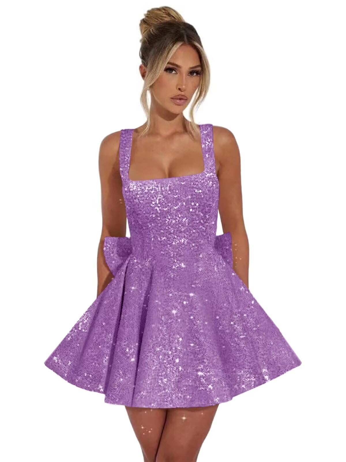 Purple square sequin A-line homecoming dress