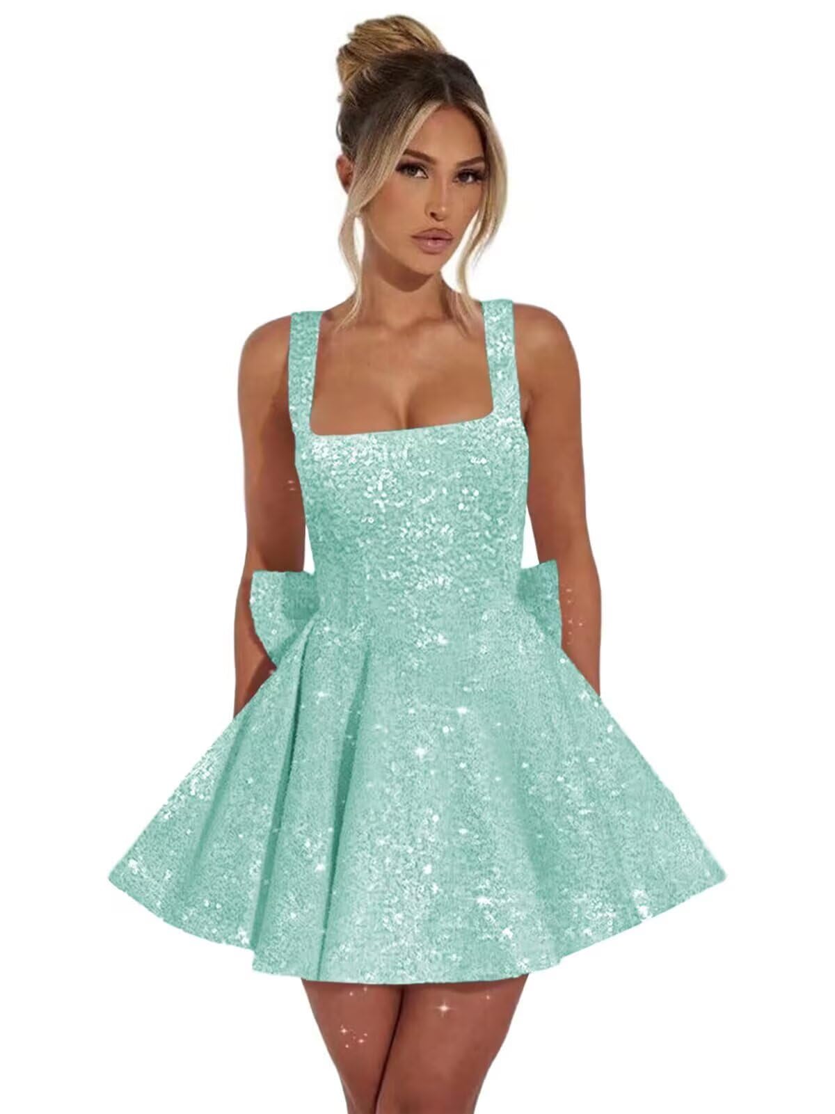 Mint square sequin A-line homecoming dress