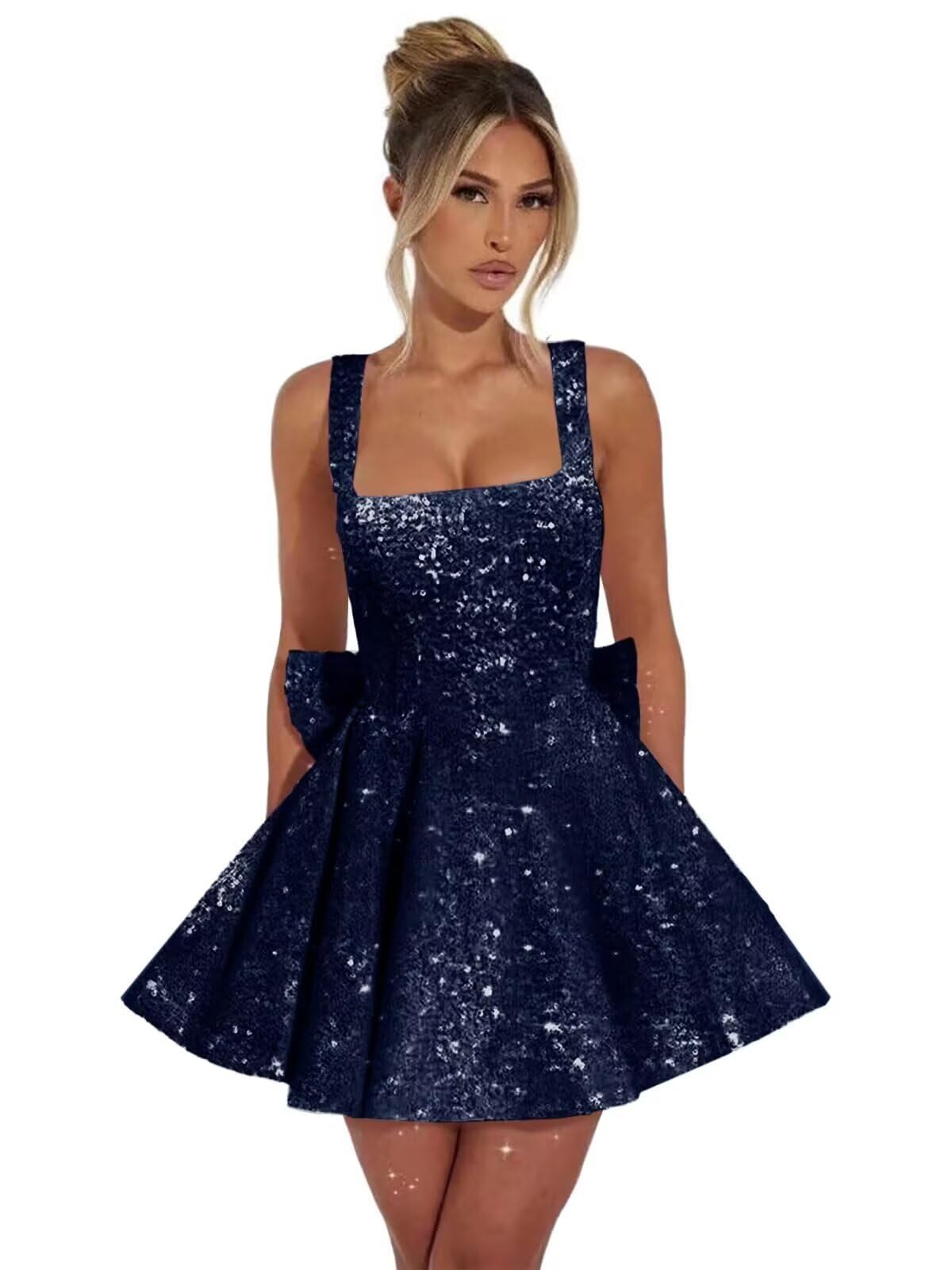 Navy square sequin A-line homecoming dress