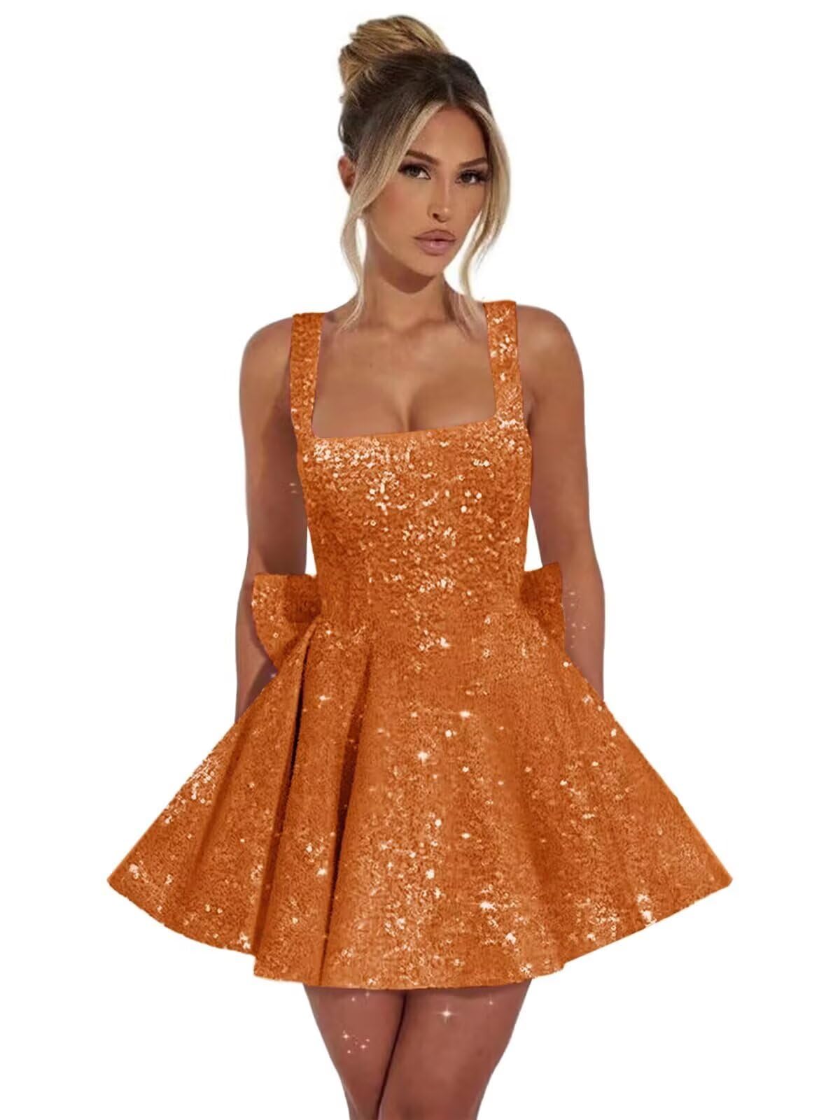 Orange square sequin A-line homecoming dress