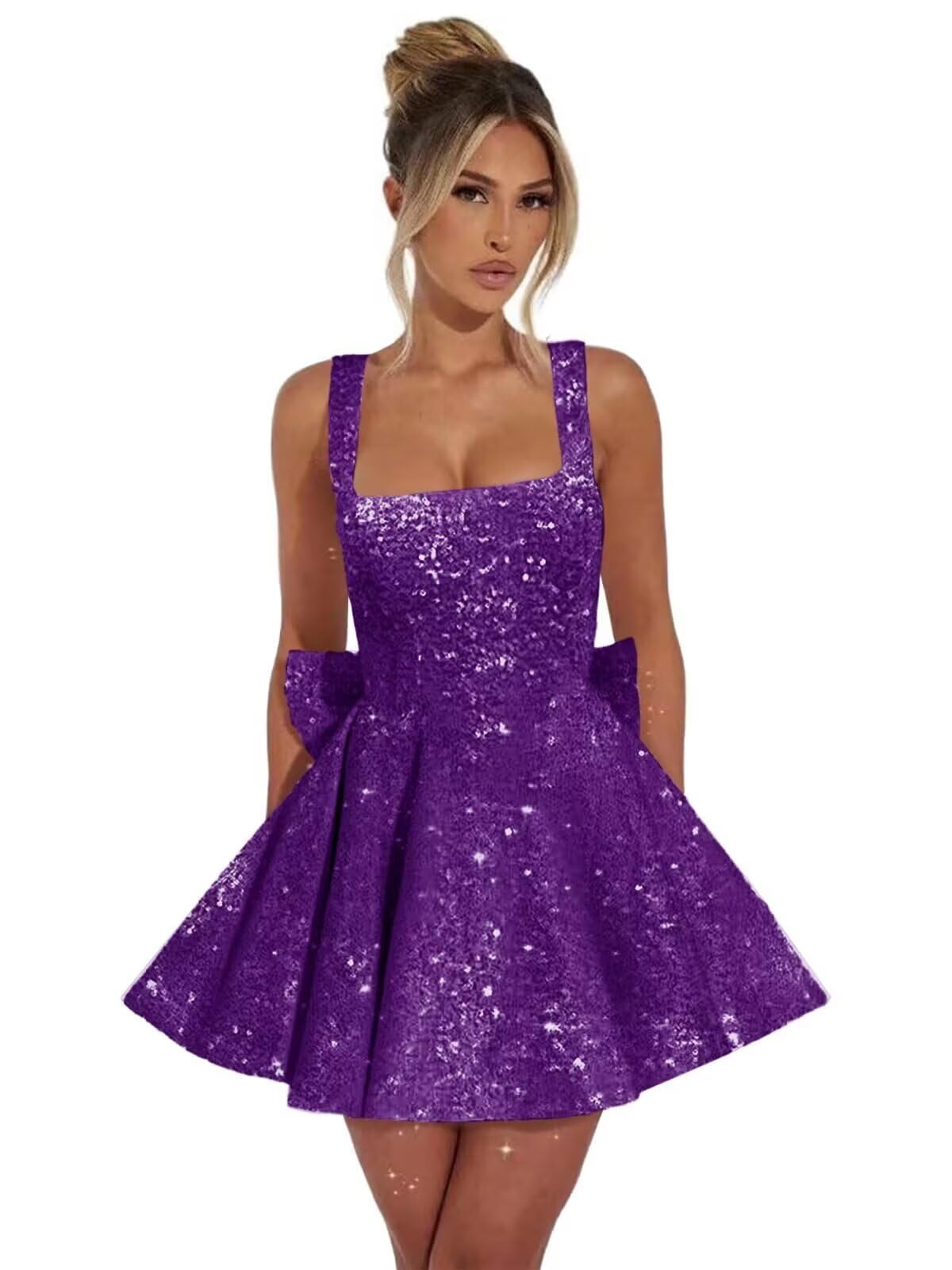 Purple square sequin A-line homecoming dress