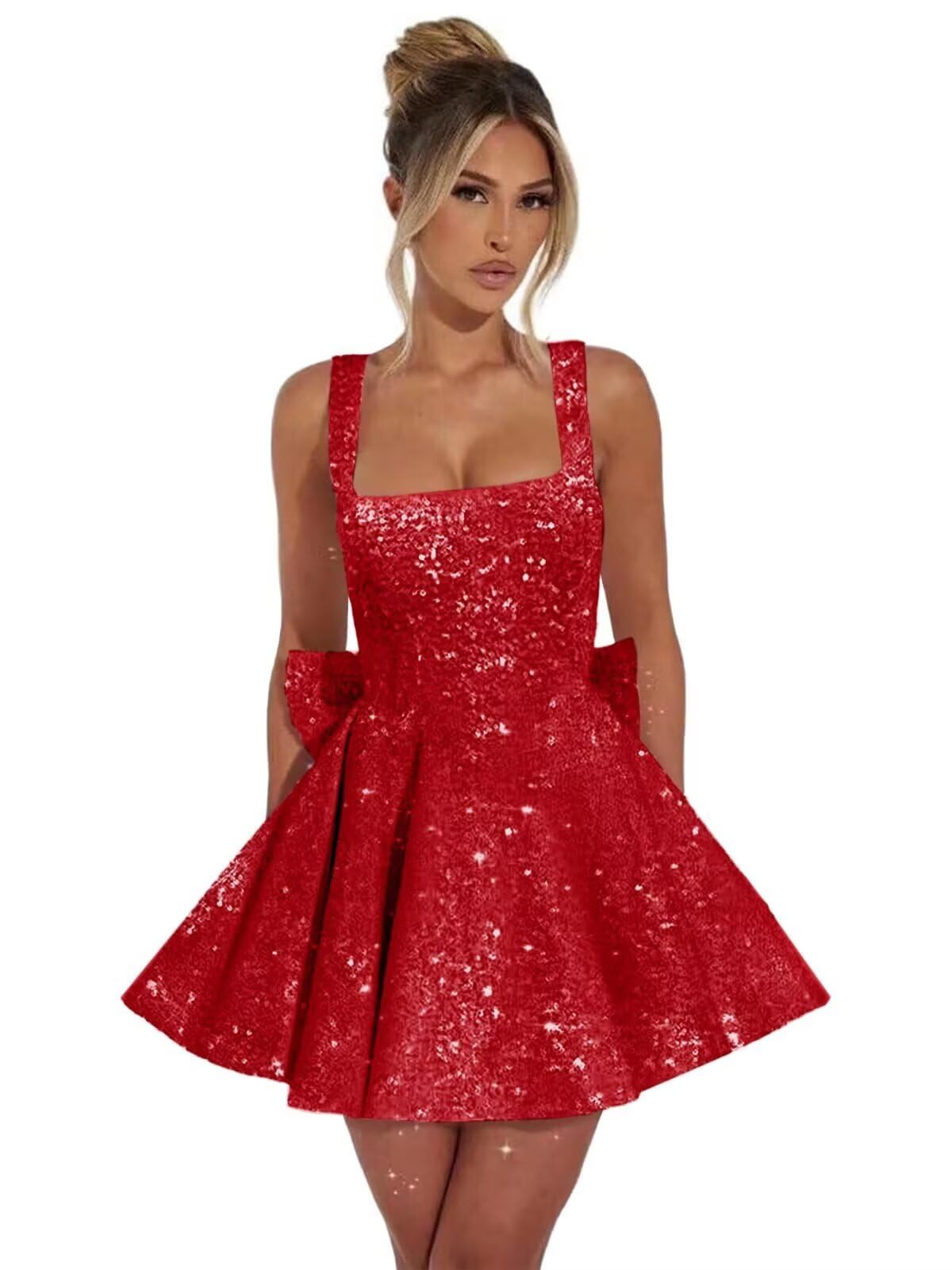 Red square sequin A-line homecoming dress