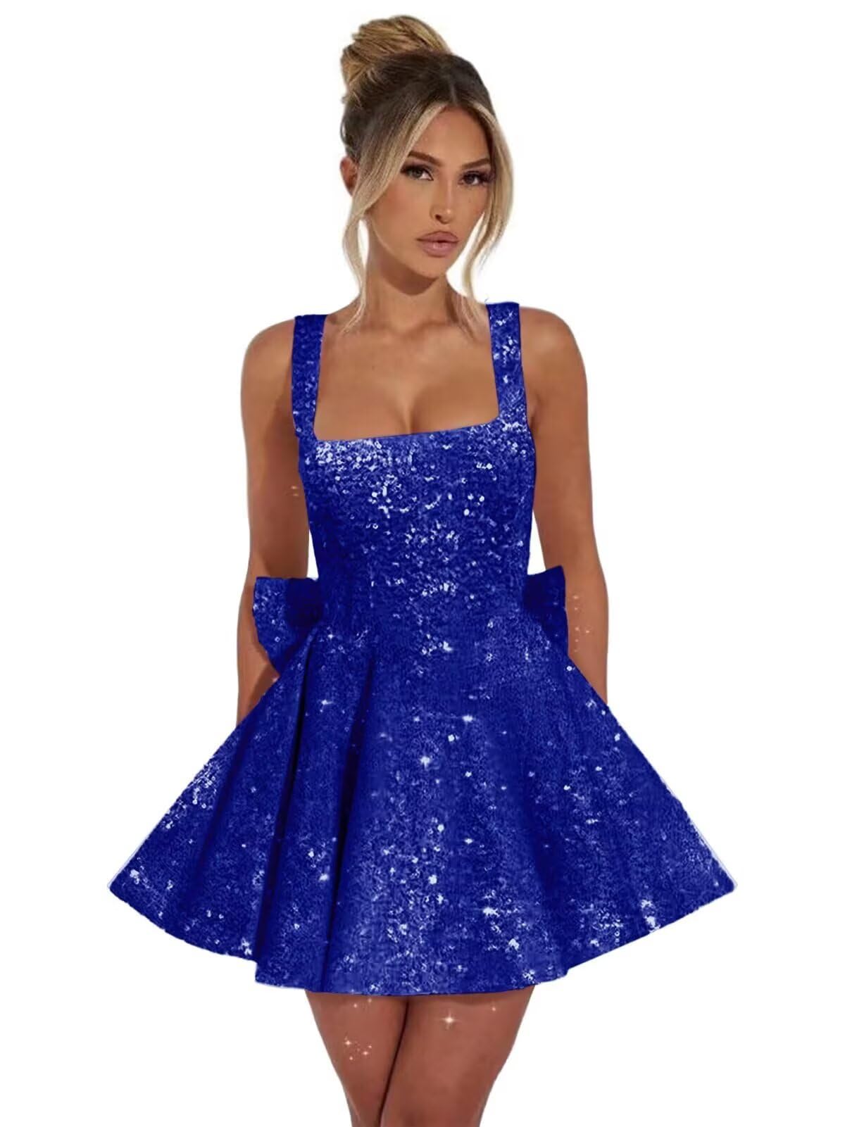 Royal blue square sequin A-line homecoming dress