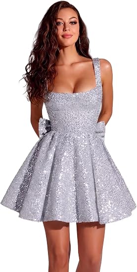Silver square sequin A-line homecoming dress