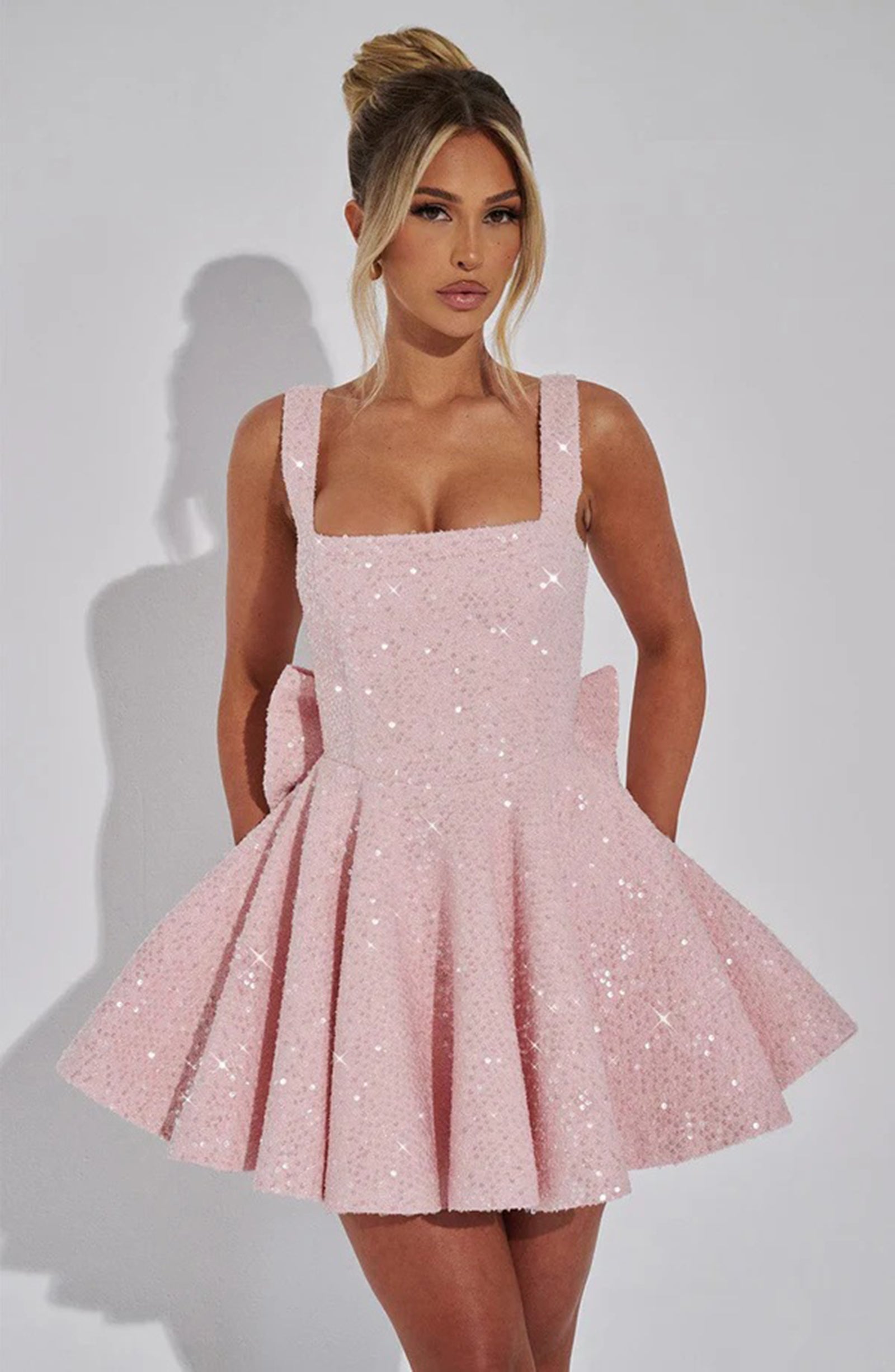 Pink square sequin A-line homecoming dress