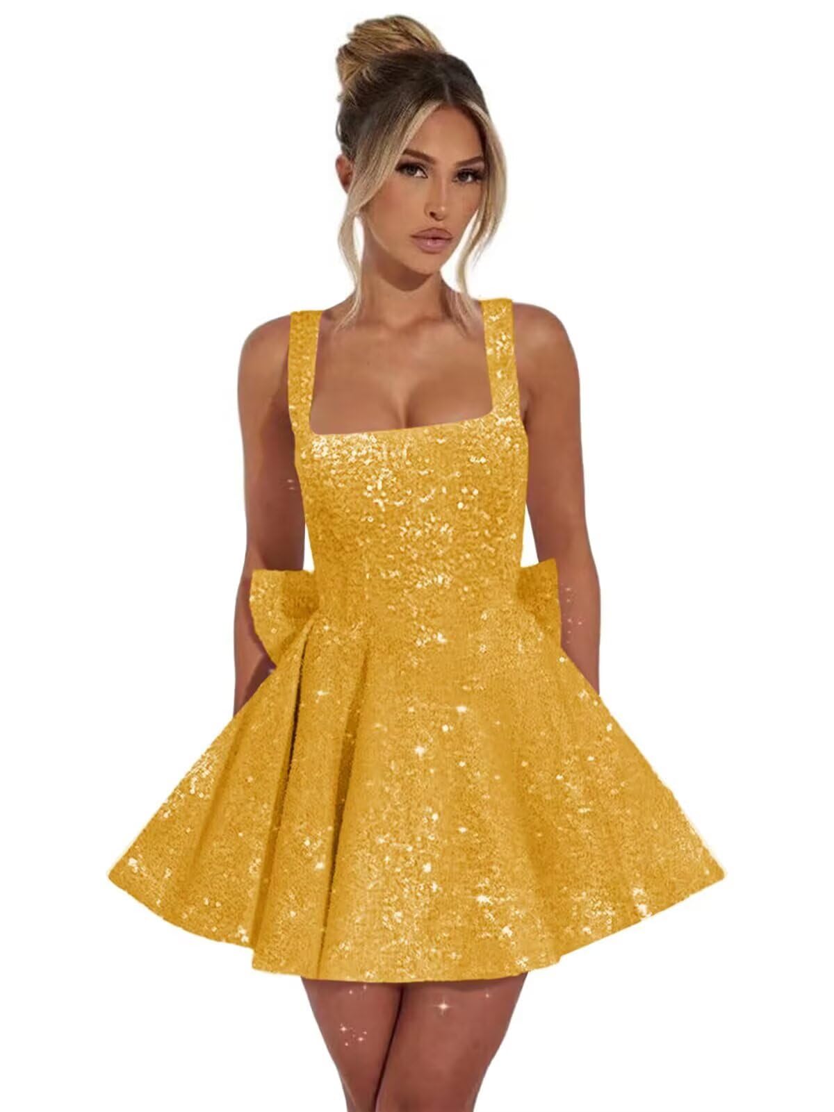 Yellow square sequin A-line homecoming dress
