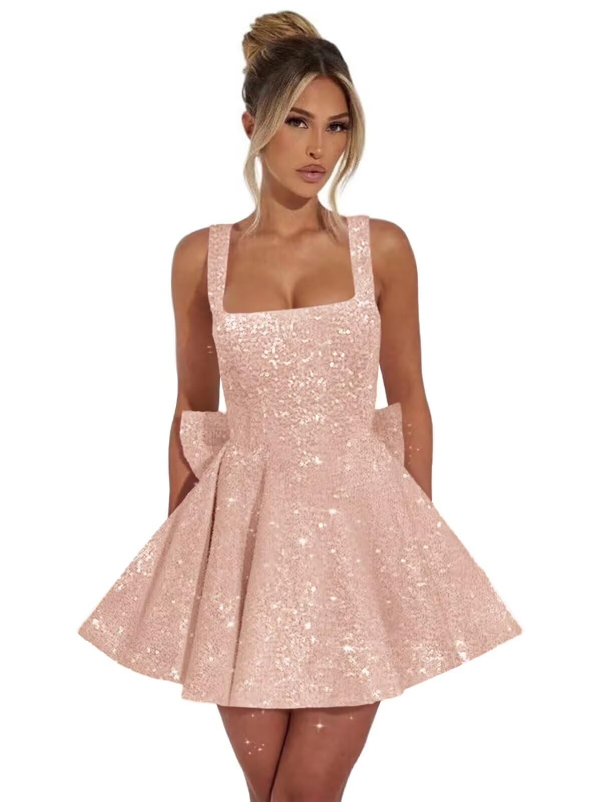 Pink square sequin A-line homecoming dress