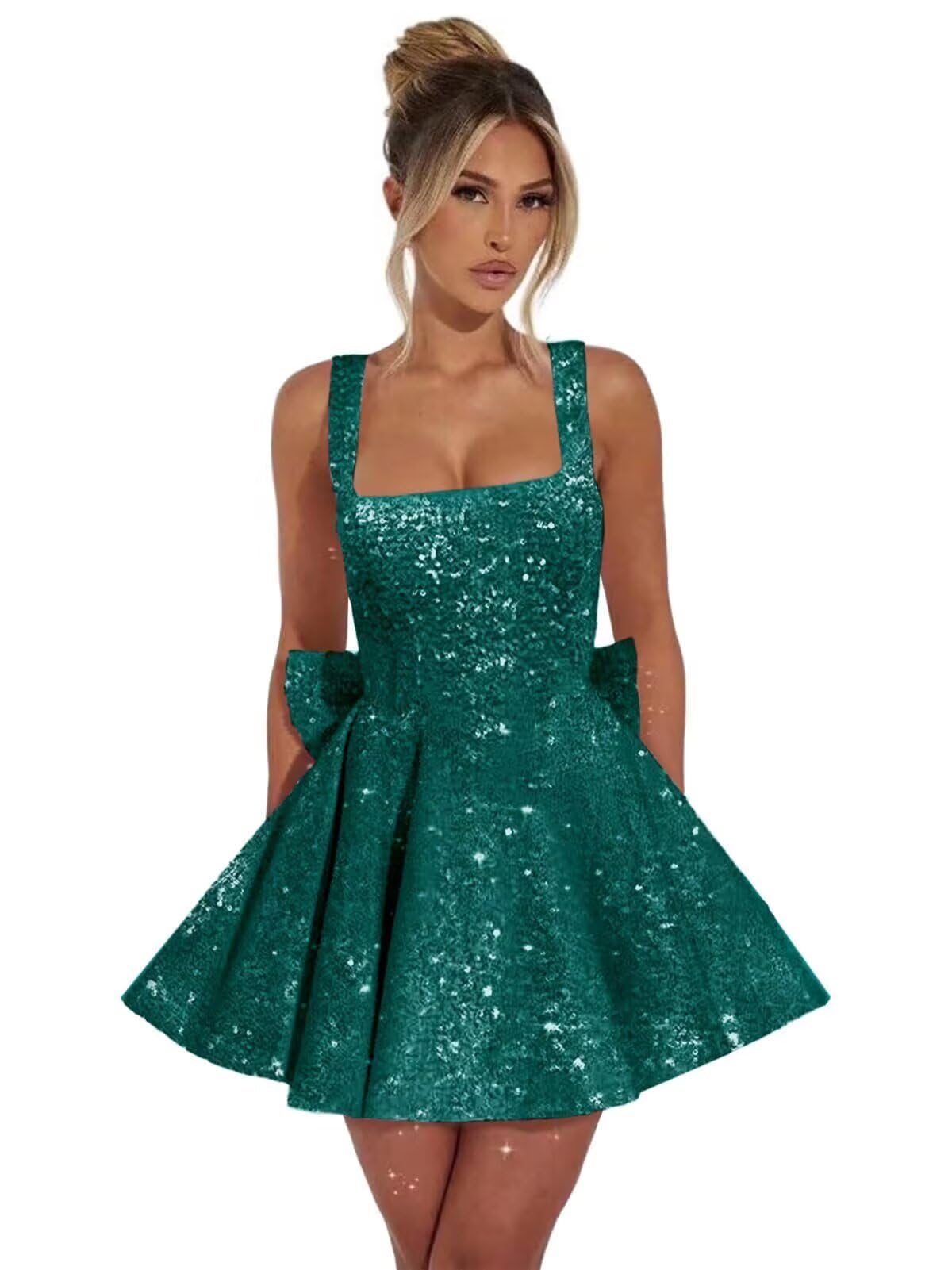 Emerald square sequin A-line homecoming dress