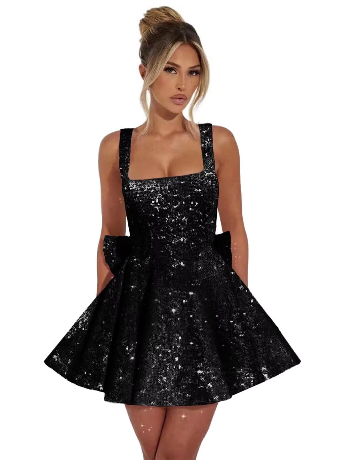 Black square sequin A-line homecoming dress