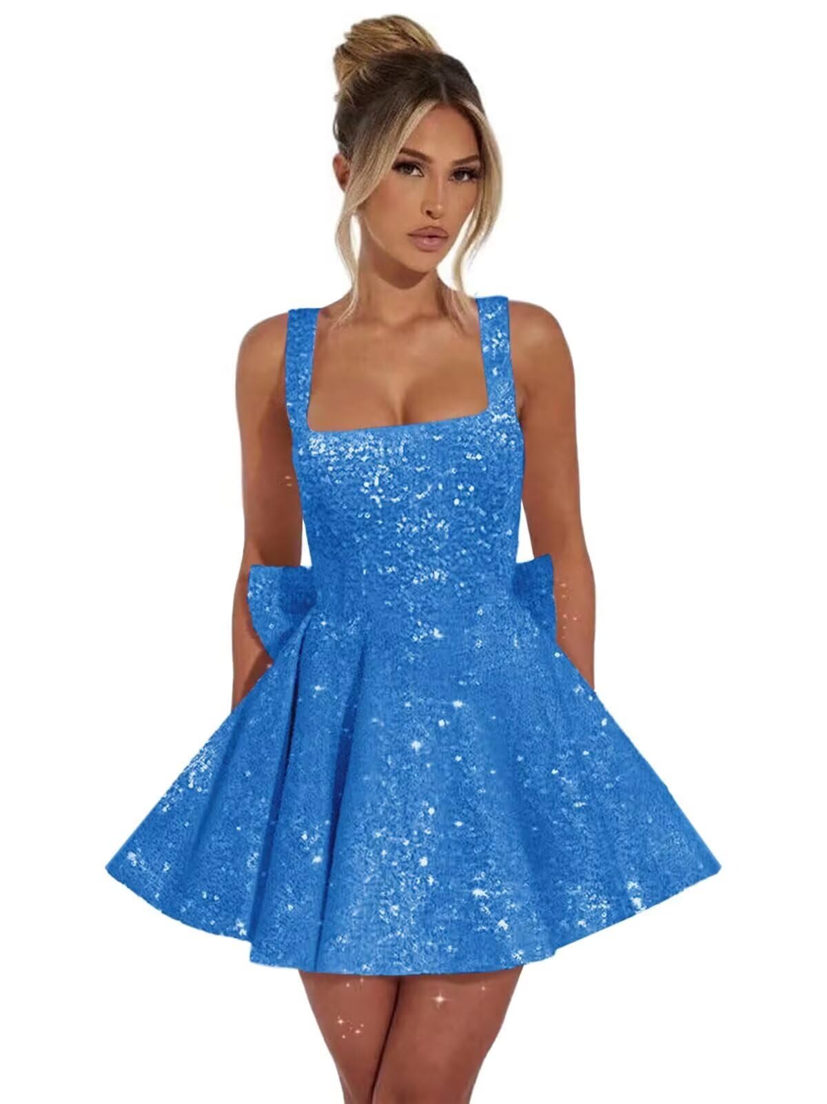 Light blue square sequin A-line homecoming dress