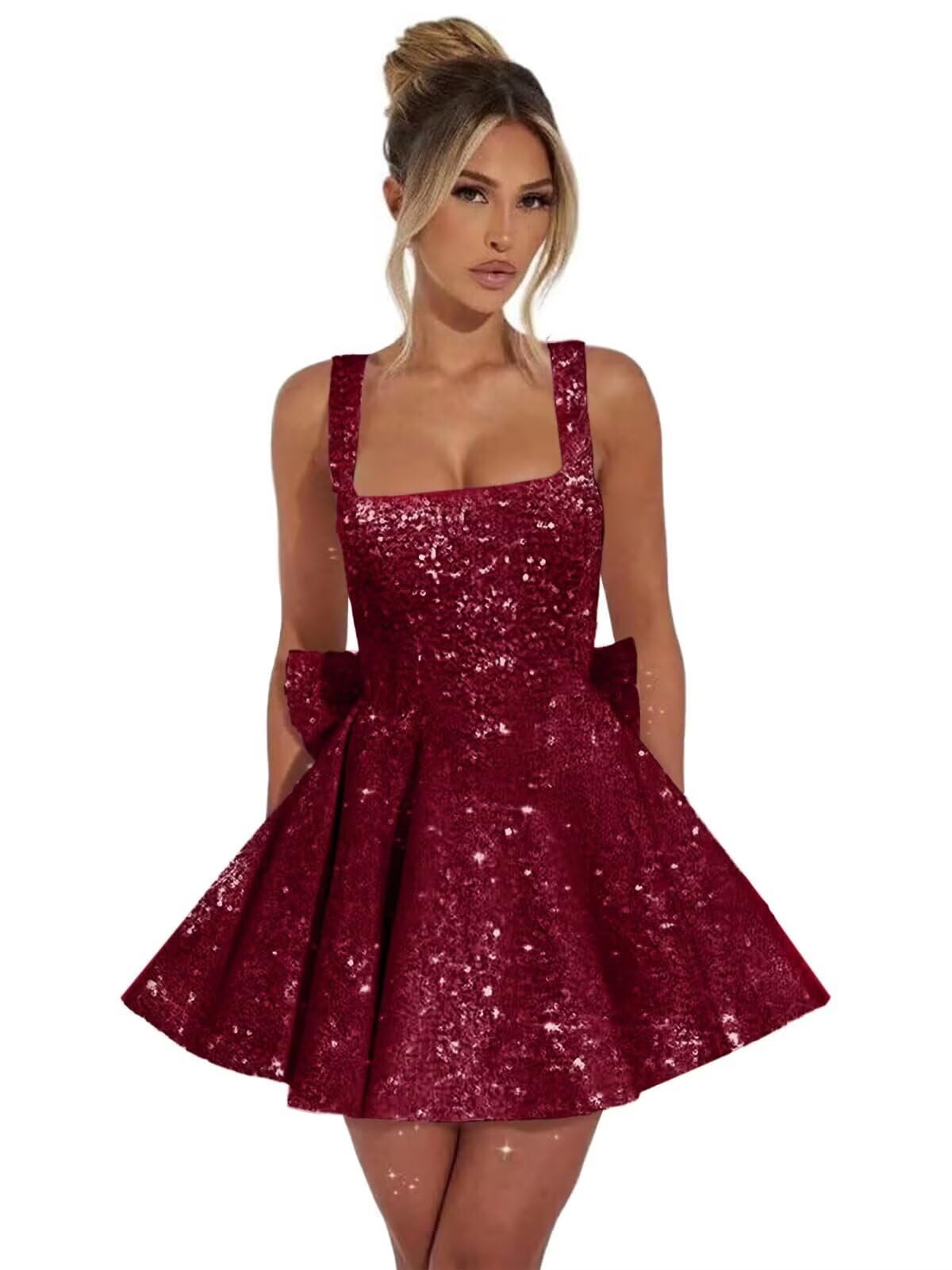 Burgundy square sequin A-line homecoming dress
