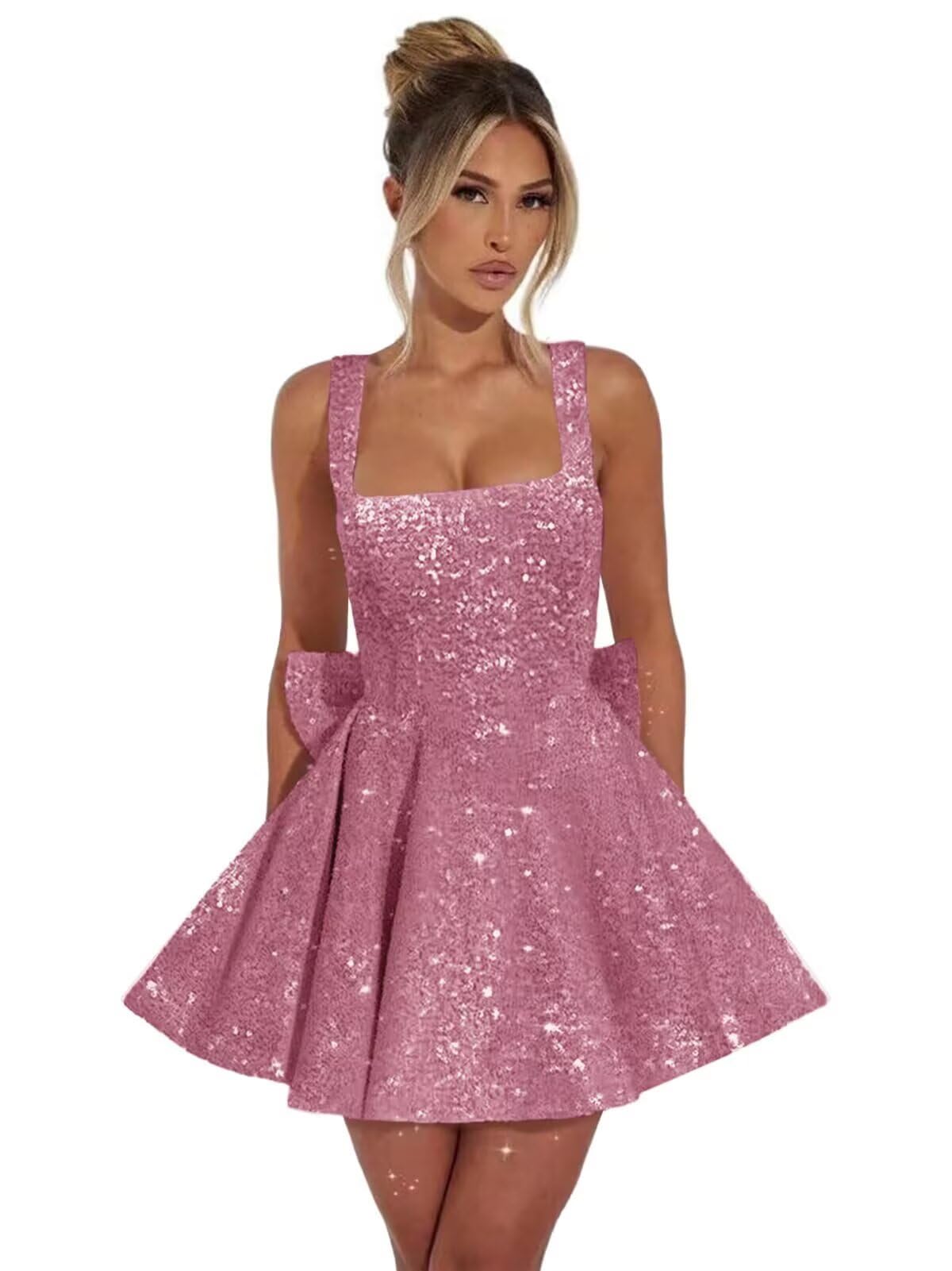 Pink square sequin A-line homecoming dress