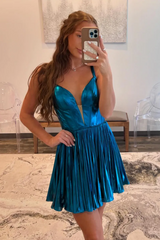 Misshow A-Line Blue Spaghetti Straps Metallic Short Homecoming Dress/Mini Dress
