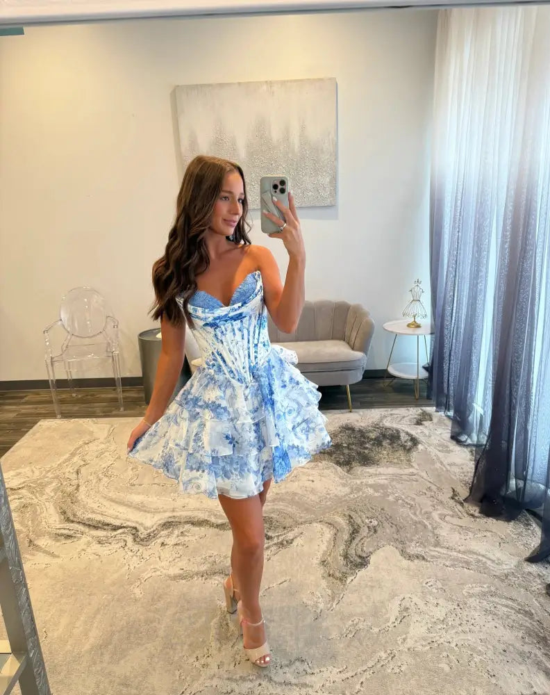 Misshow A Line Blue Sweetheart Sleeveless Printed Flroal Homecoming Dress/Mini Dress with Ruffles