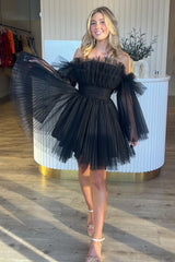 Misshow A-Line Blue Tulle Short Homecoming Dress/Mini Dress with Detachable Long Sleeves