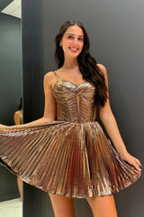 Misshow A-Line Brown Spaghetti Straps Metallic Corset Short Homecoming Dress/Mini Dress