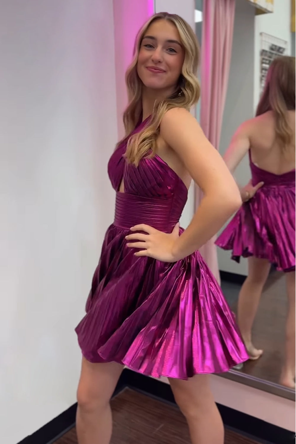 Misshow A Line Golden Criss Cross Halter Pleated Short Homecoming Dress/Mini Dress