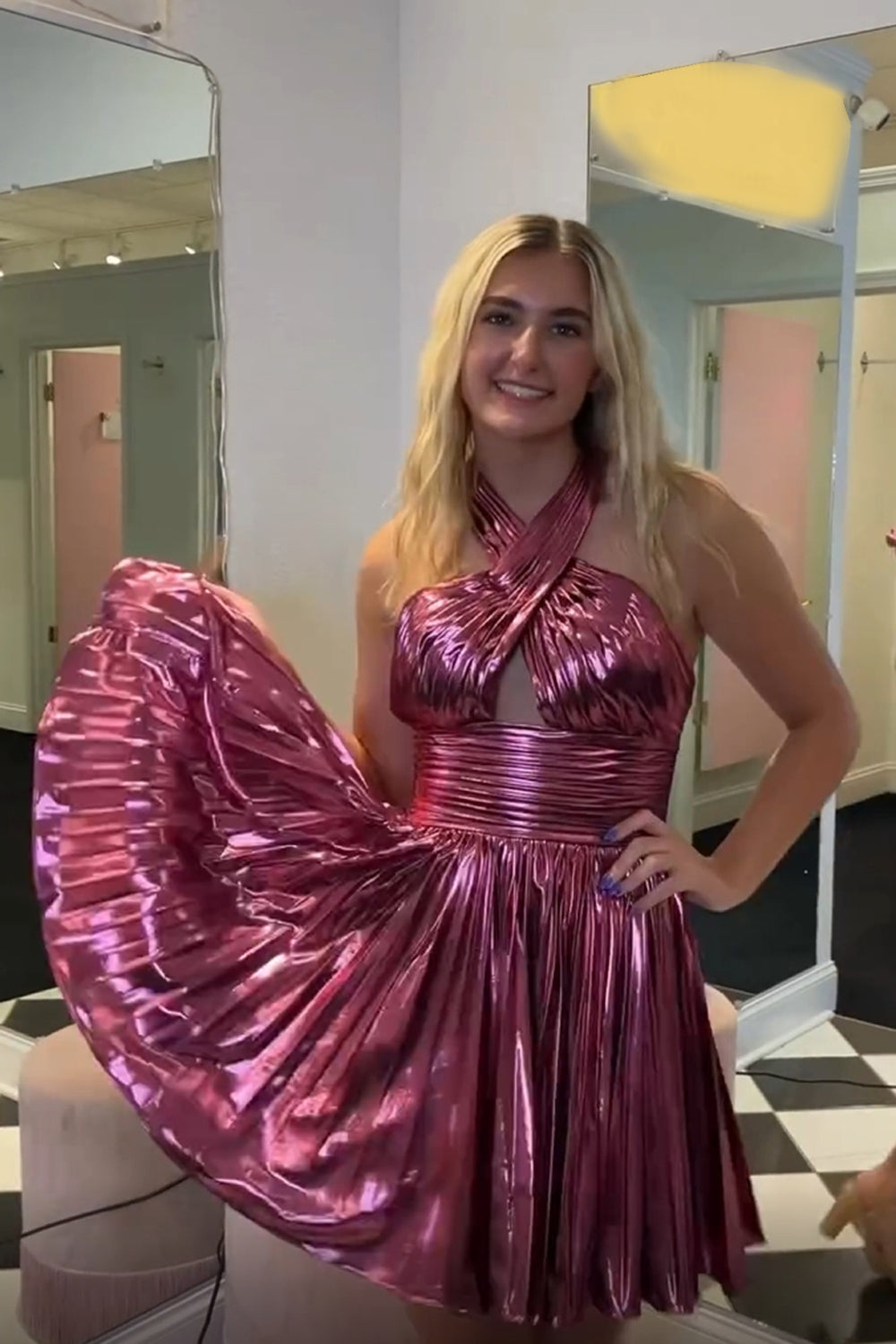 Misshow A Line Golden Criss Cross Halter Pleated Short Homecoming Dress/Mini Dress