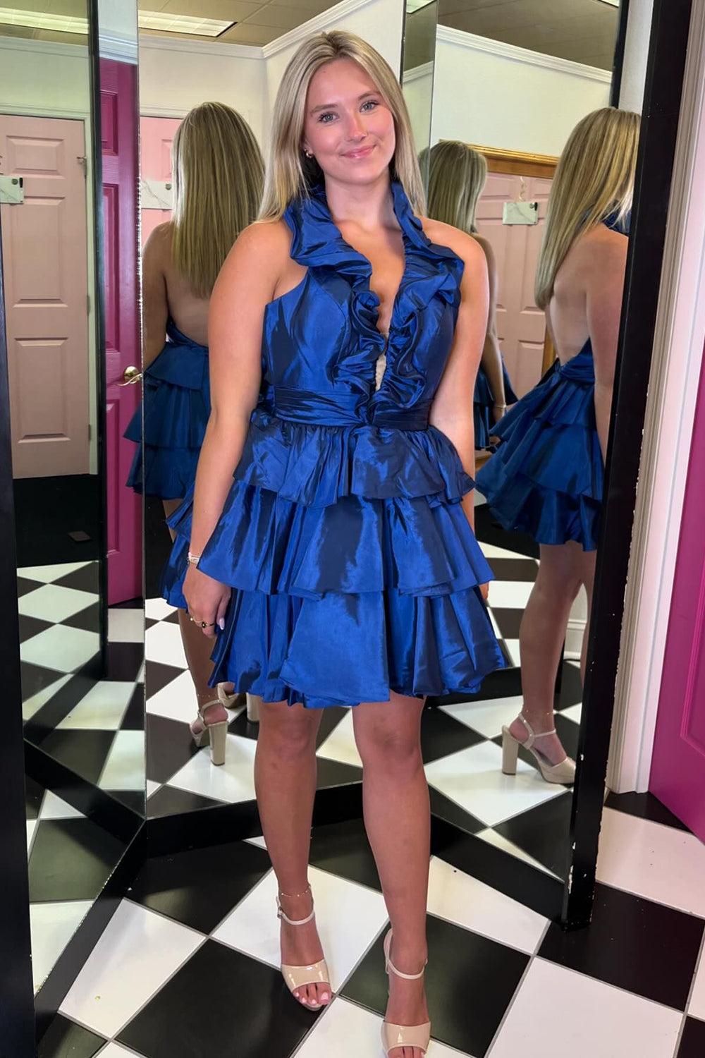 Misshow A Line Light Blue Halter Short Homecoming Dress/Mini Dress With Ruffles
