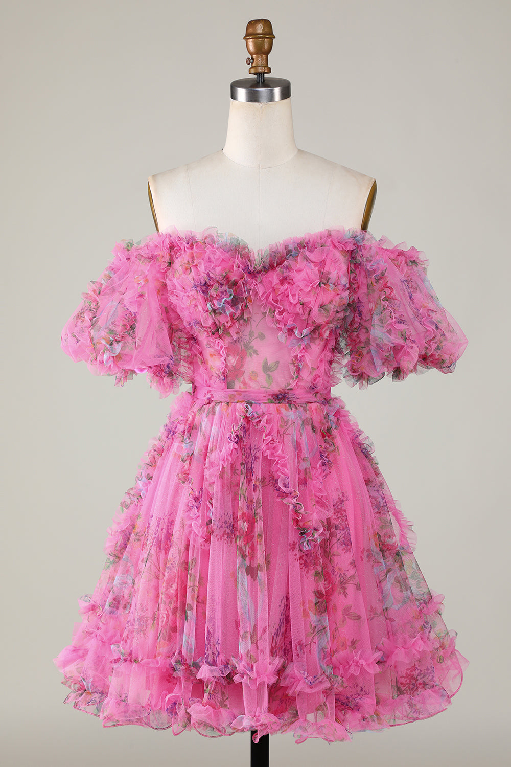 Misshow A-Line Off The Shoulder Pink Corset Floral Short Homecoming Dress/Mini Dress