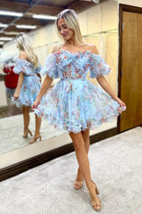 Misshow A-Line Off The Shoulder Pink Corset Floral Short Homecoming Dress/Mini Dress