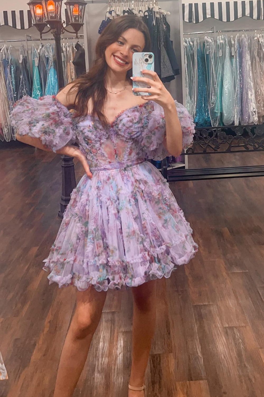 Misshow A-Line Off The Shoulder Pink Corset Floral Short Homecoming Dress/Mini Dress