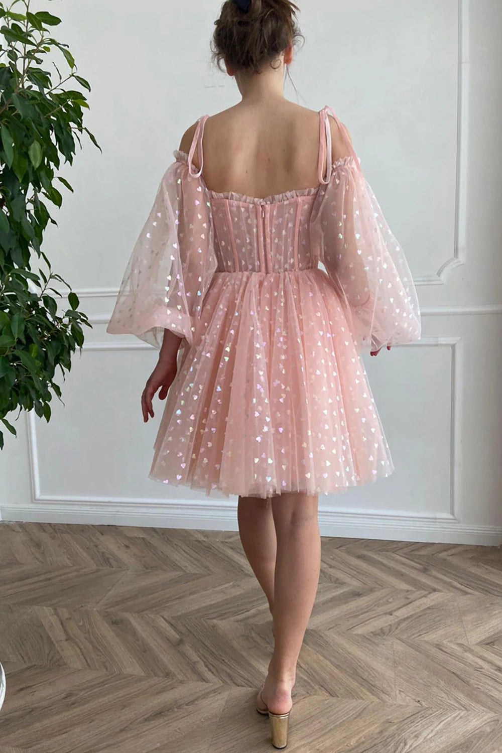 Misshow A Line Off the Shoulder Blush Short Homecoming Dress/Mini Dress with Long Sleeves
