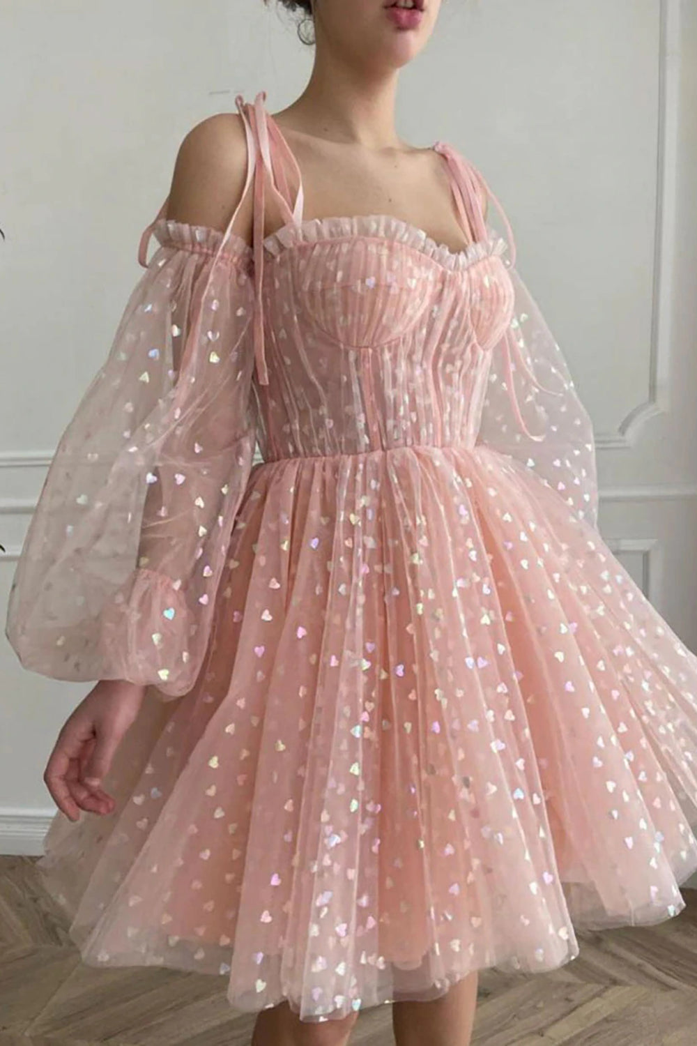 Misshow A Line Off the Shoulder Blush Short Homecoming Dress/Mini Dress with Long Sleeves